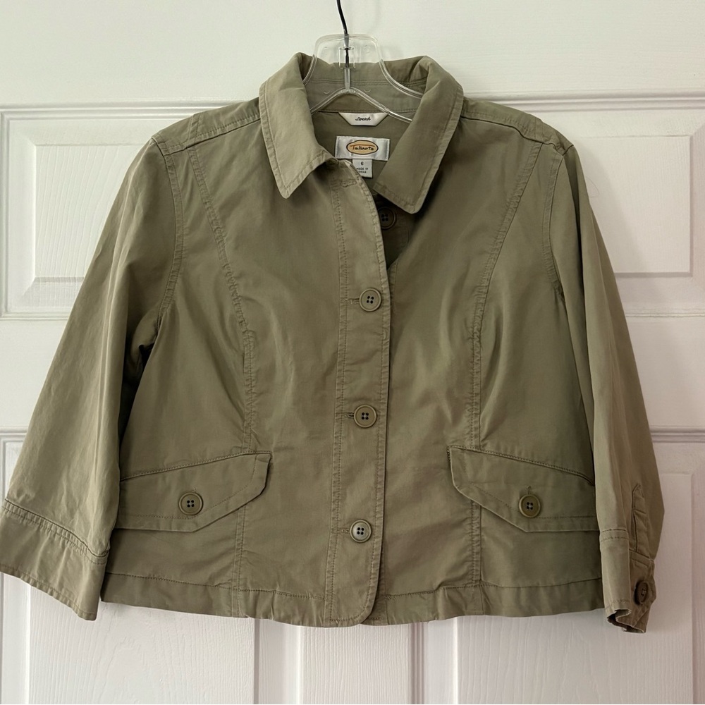TALBOTS stretch cropped Utility Jacket 3/4 sleeve button down khaki green size 6